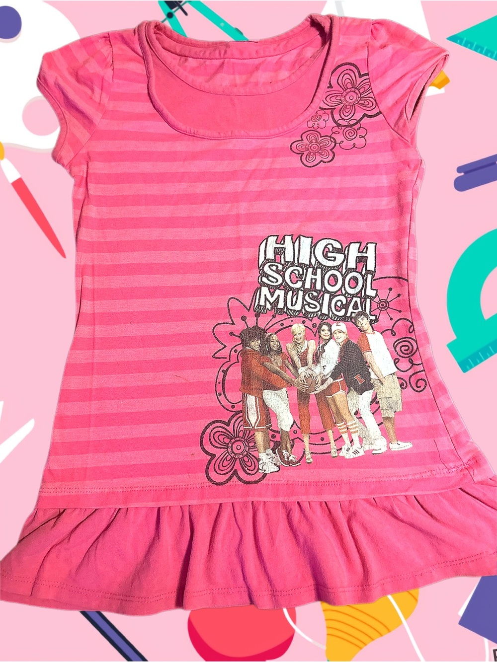 High School Musical Pink Girls' Striped ruffleTee Large 10/12